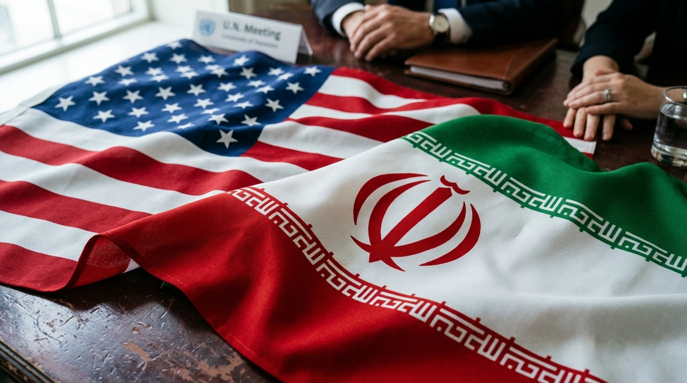 Map of the Strait of Hormuz with US and Iran flags representing the new agreement.