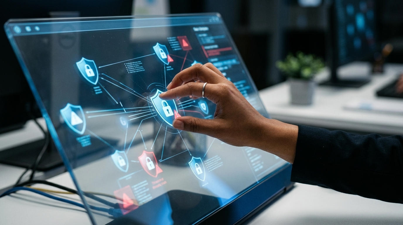 Cybersecurity professional analyzing AI data in a digital workspace.