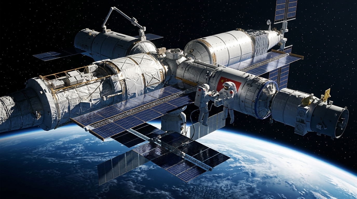 China's Tiangong space station orbiting Earth during a long-term mission to prepare for the Moon.