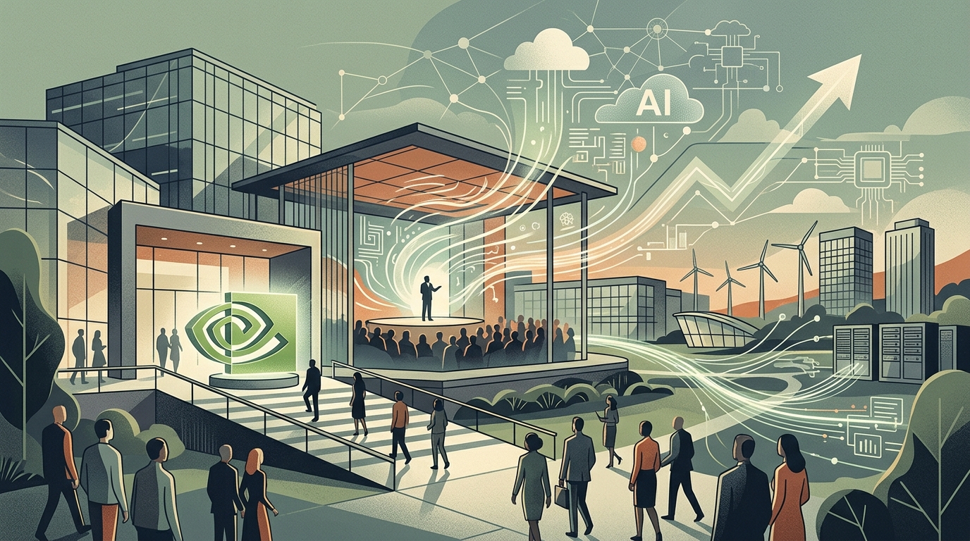 NVIDIA logo on a background of artificial intelligence circuits and semiconductors.