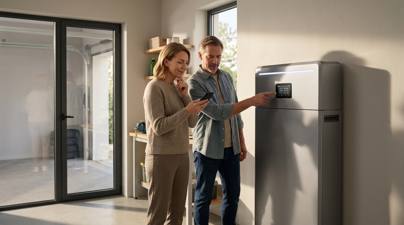 Modern home battery system installed for energy storage and cost savings.