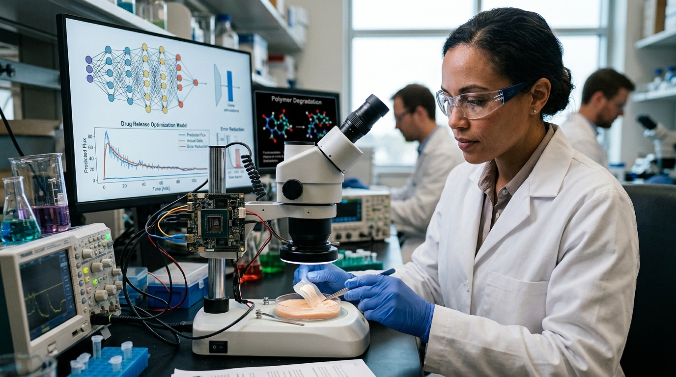 Smart drug patch design using Physics-Informed AI and PINNs.