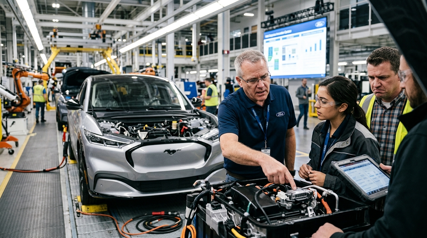 Ford automotive assembly line using AI manufacturing technology for quality control.