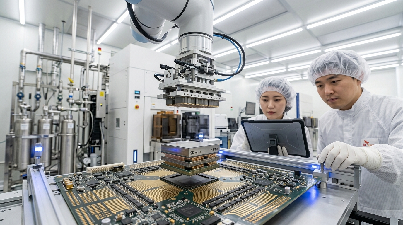 Το λογότυπο της SK Hynix στη Wall Street με φόντο δεδομένα τεχνητής νοημοσύνης.