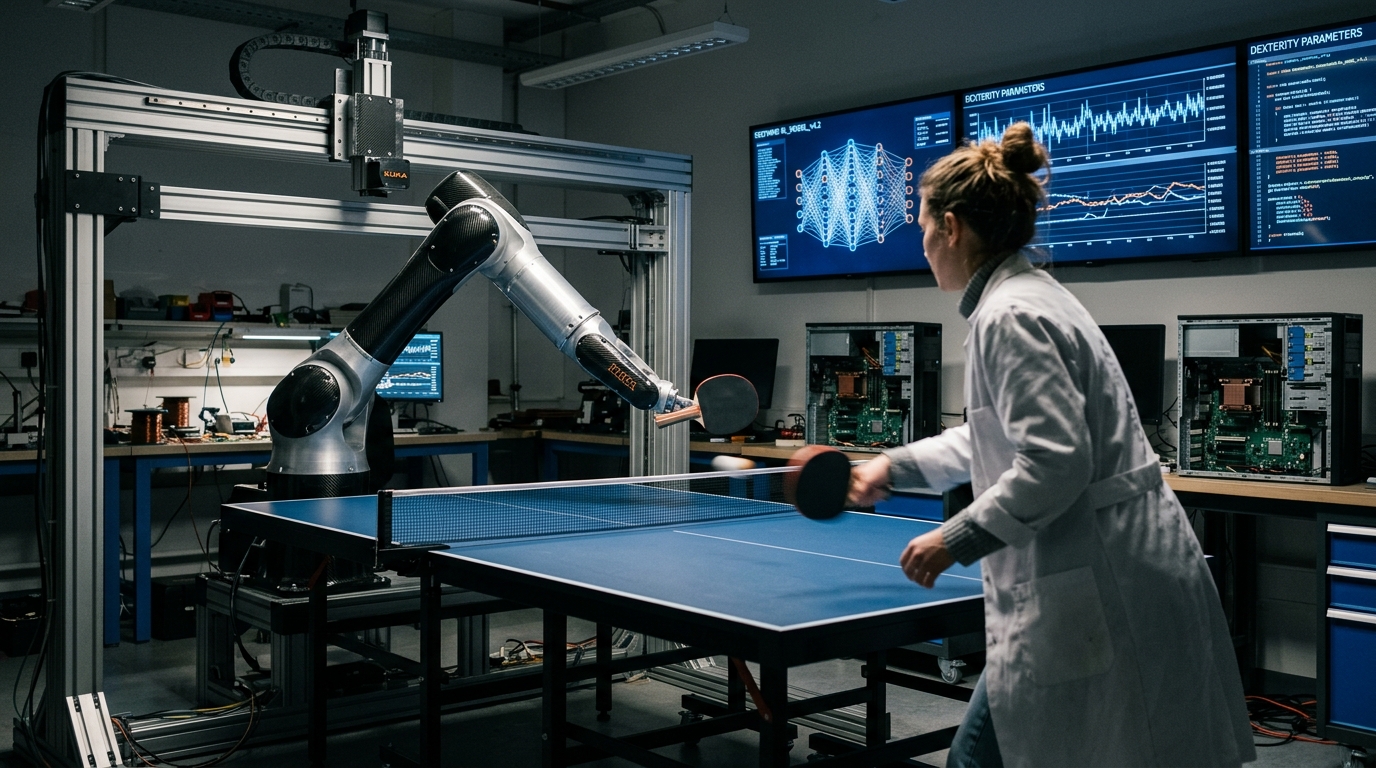 DeepMind robot playing table tennis against a human opponent in a lab.