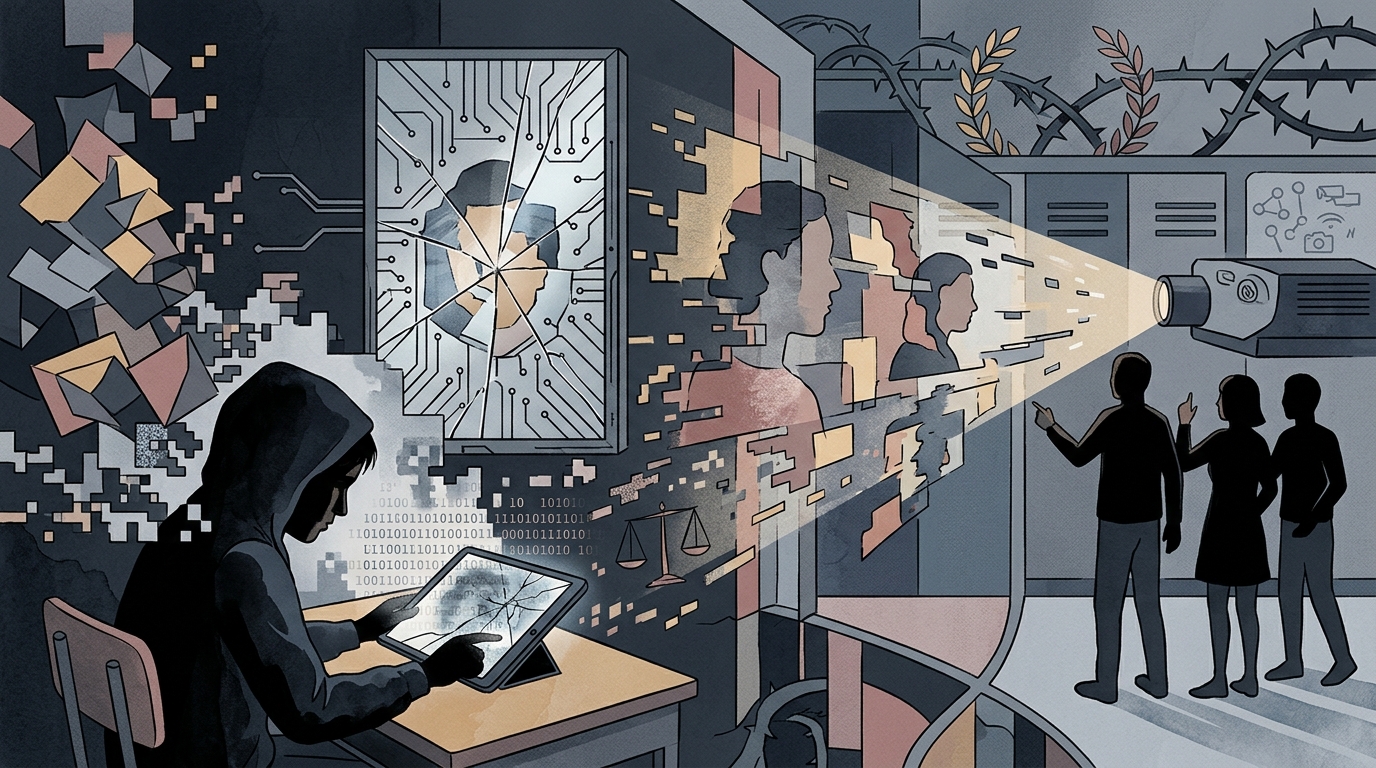 Digital illustration of AI deepfake technology impact in schools.