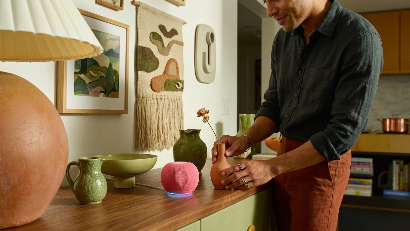 Google Nest device featuring the Google Gemini logo in a smart home environment.