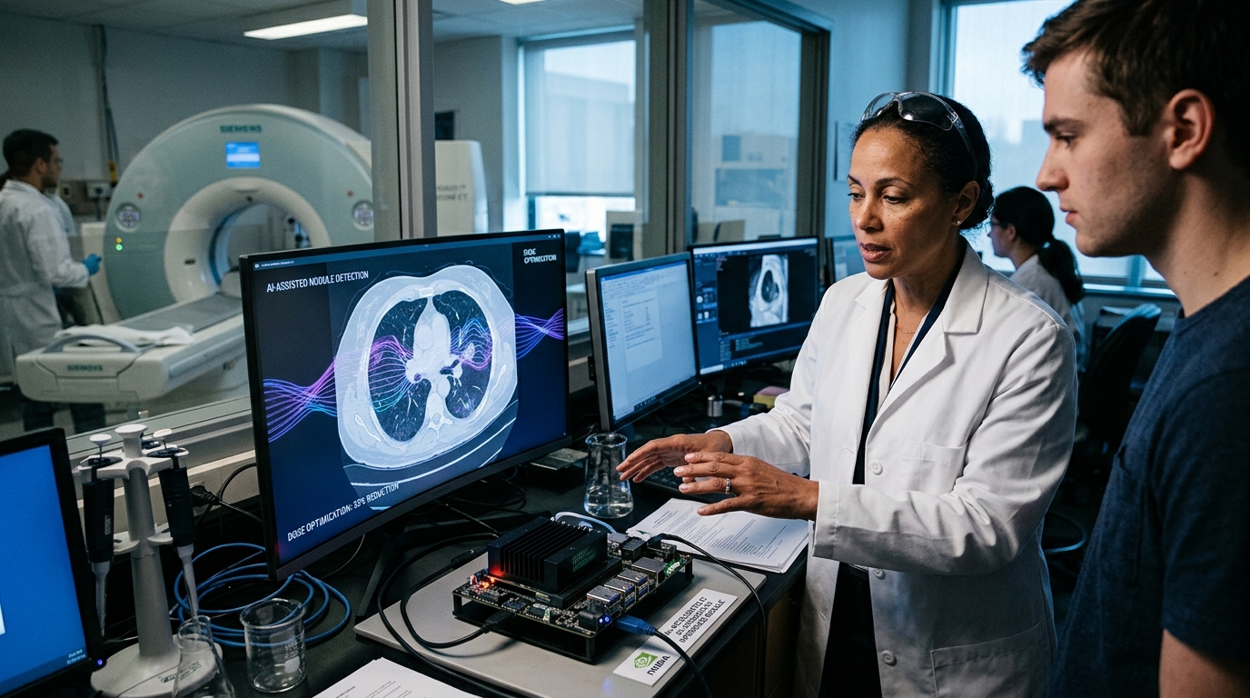 Medical CT scan imaging processed by AI in radiology for safety.