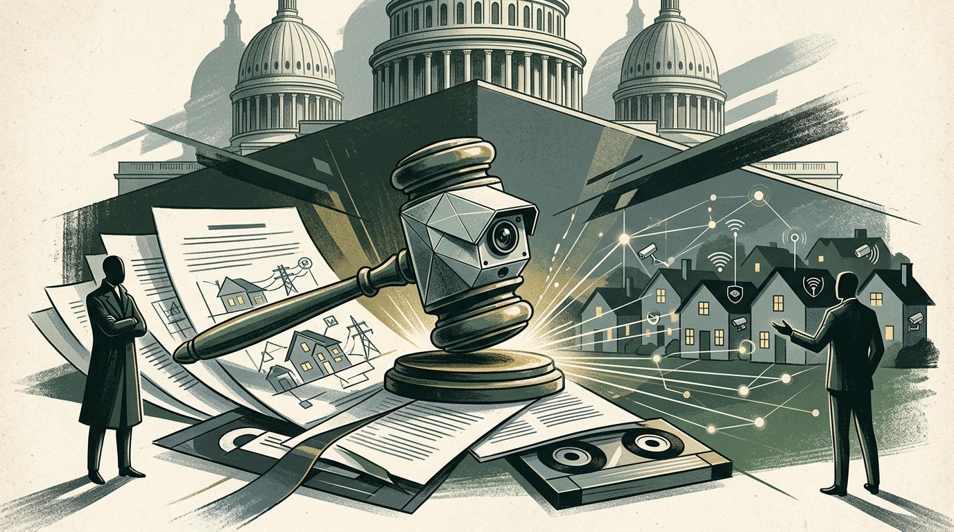 Digital gavel over a suburban neighborhood representing AI surveillance and private governance.