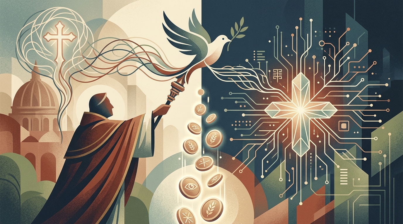 Symbolic imagery of AI ethics, sound money, and papal teachings on human dignity.