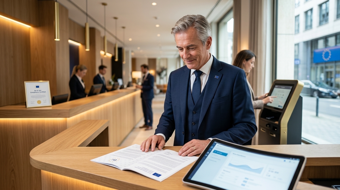 Digital representation of the EU AI Act in the hotel industry.