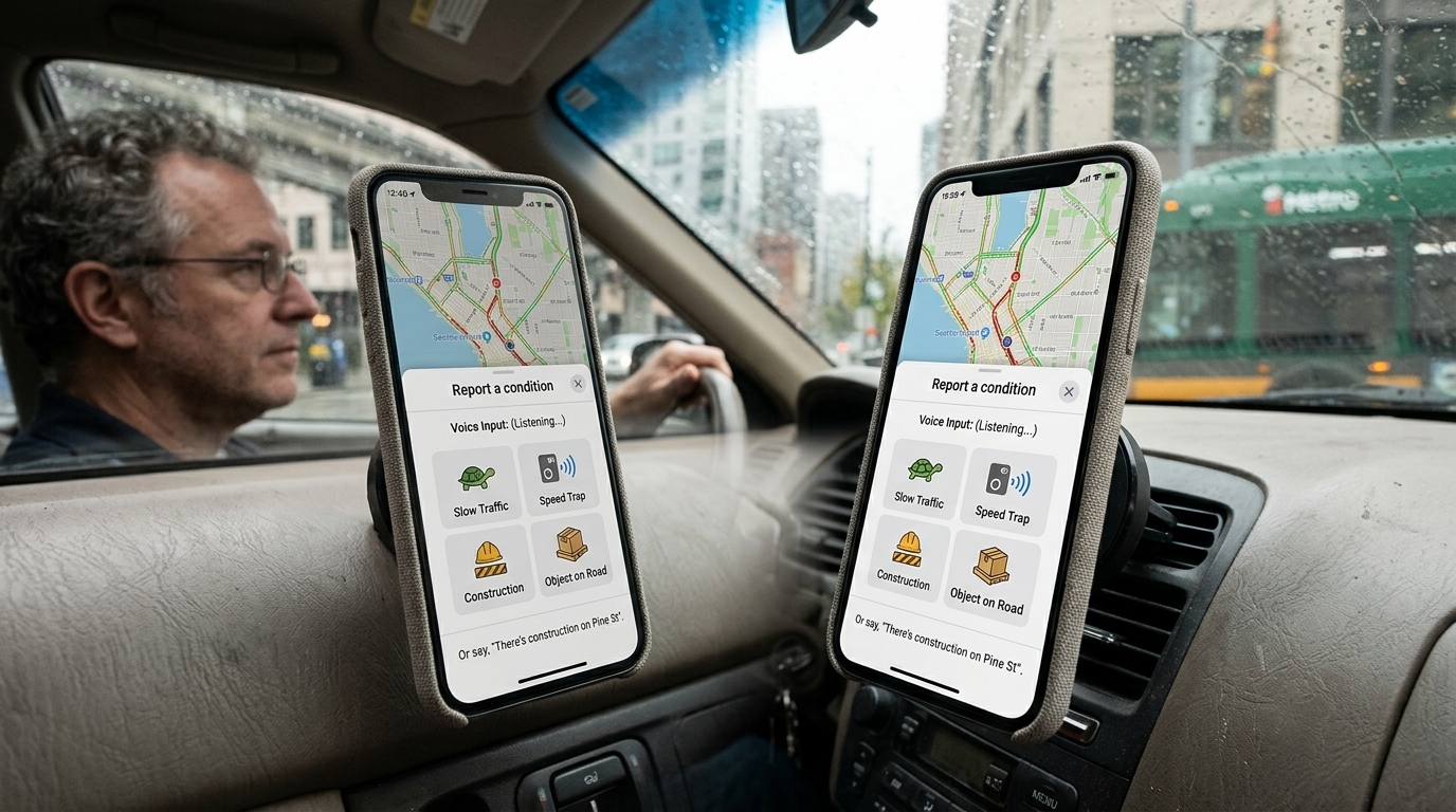 Εφαρμογή Waze σε κινητό με το λογότυπο Google Gemini.
