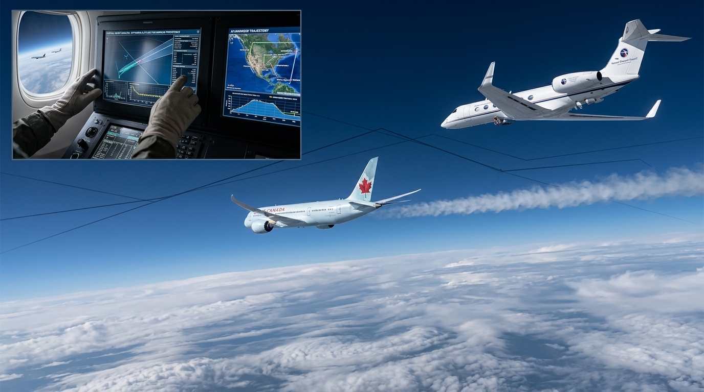 Airplane flying through blue sky leaving contrails, representing AI aviation climate research.