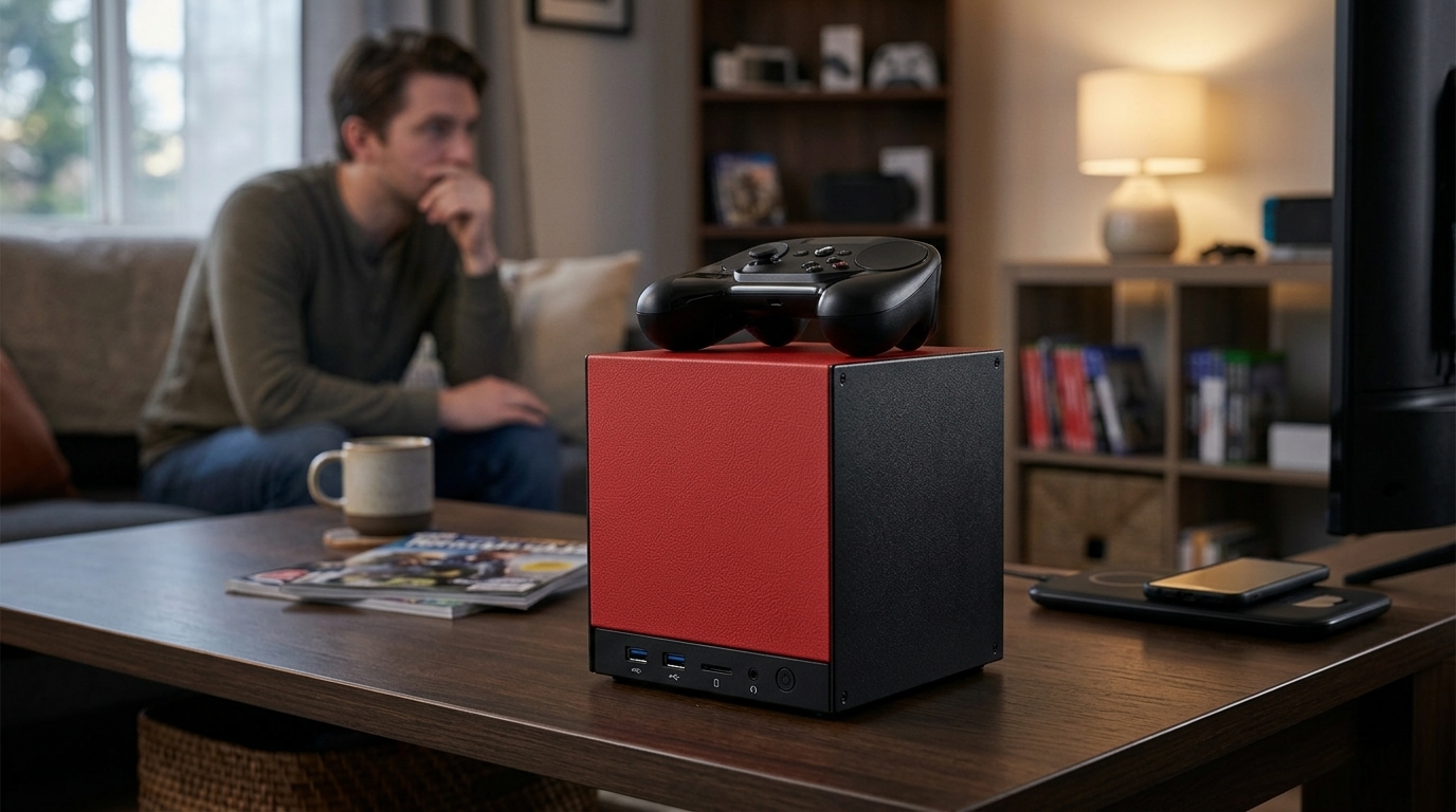 Η κονσόλα Steam Machine της Valve σε περιβάλλον σαλονιού.