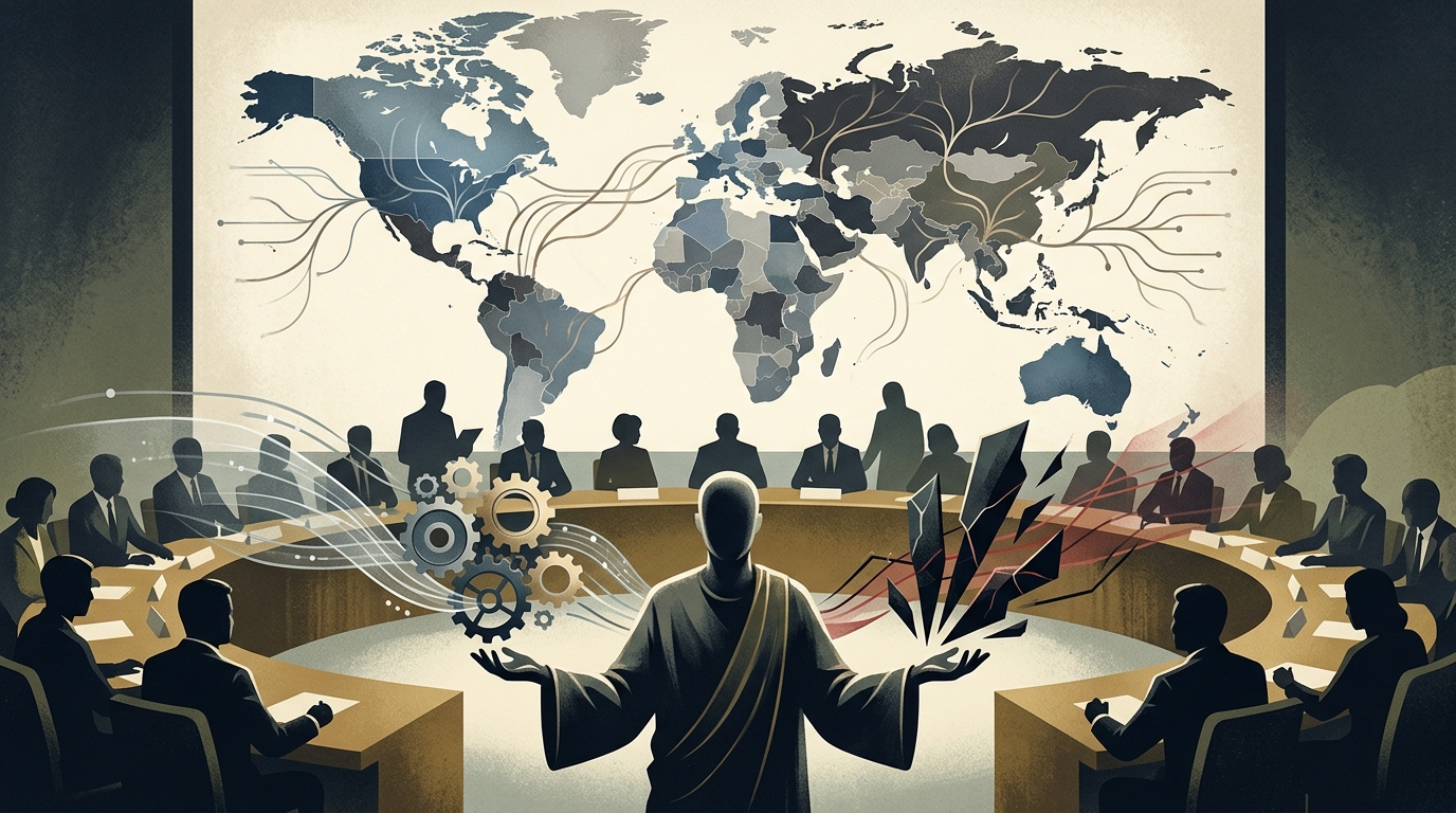 Digital representation of autonomous AI agents and global geopolitical cooperation symbols.
