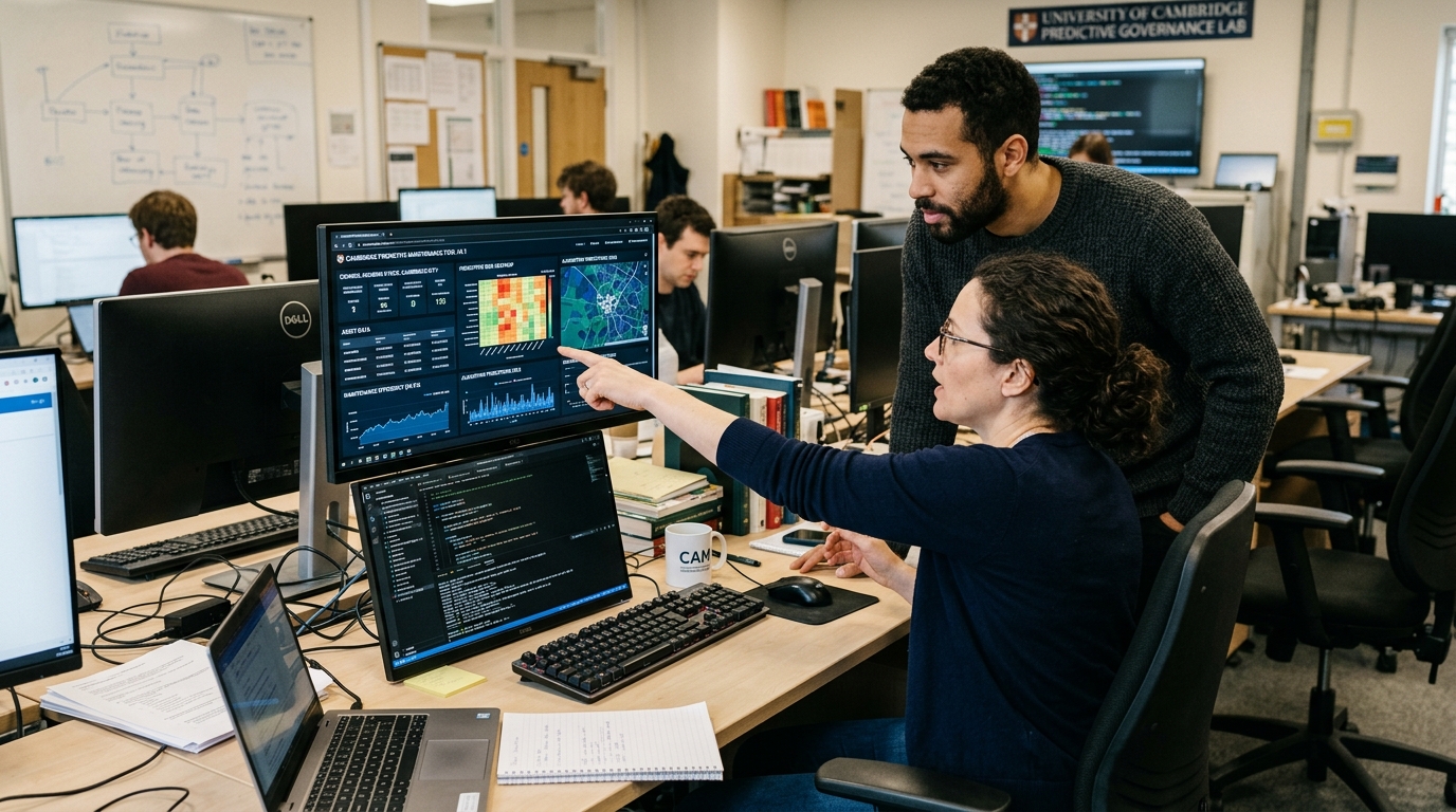 Cambridge University AI tool interface predicting damp and mould issues in social housing units.