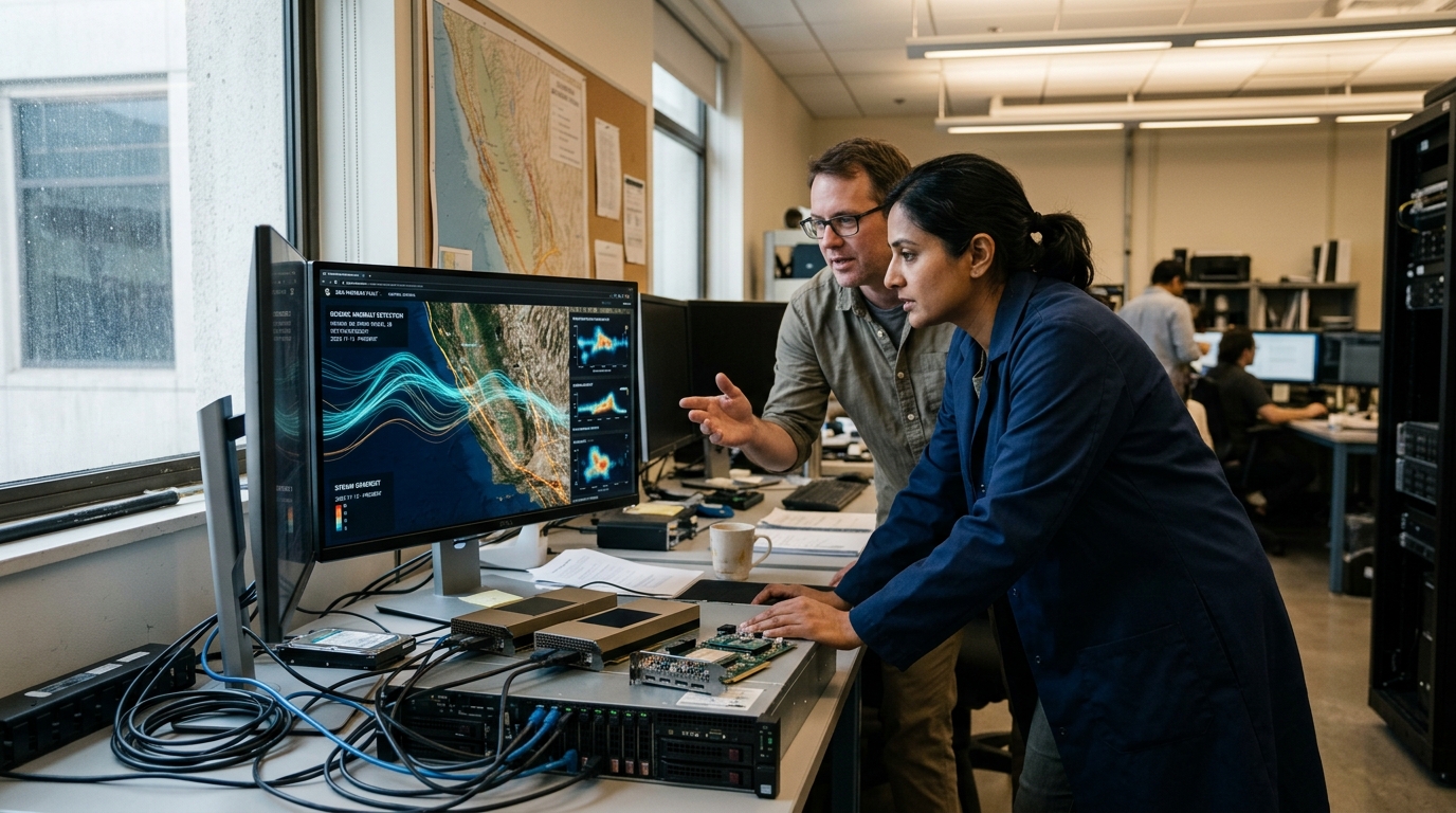 Map of the San Andreas Fault with Artificial Intelligence analysis for earthquake forecasting.
