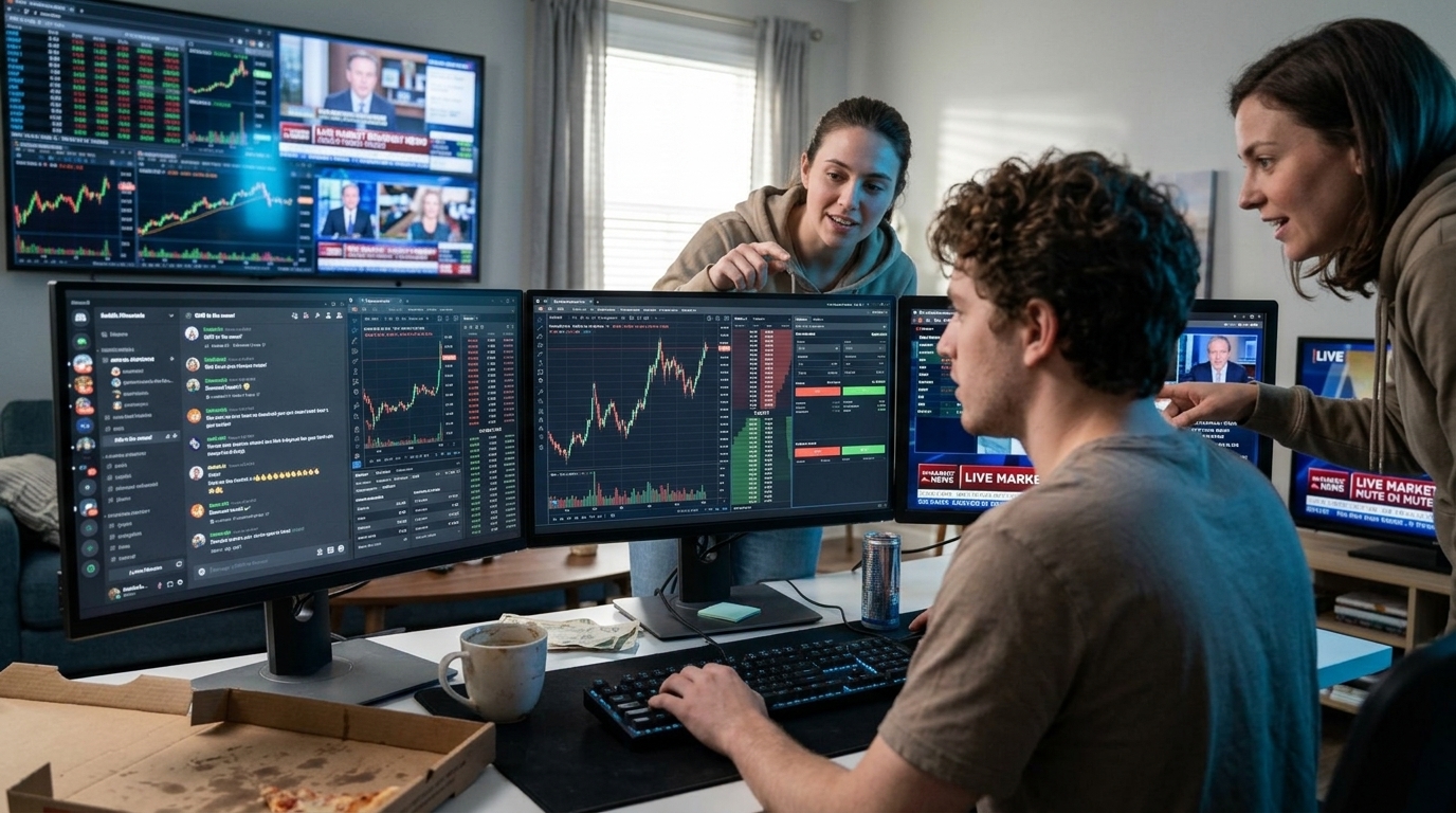 Digital representation of the stock market and retail investors analyzing data.