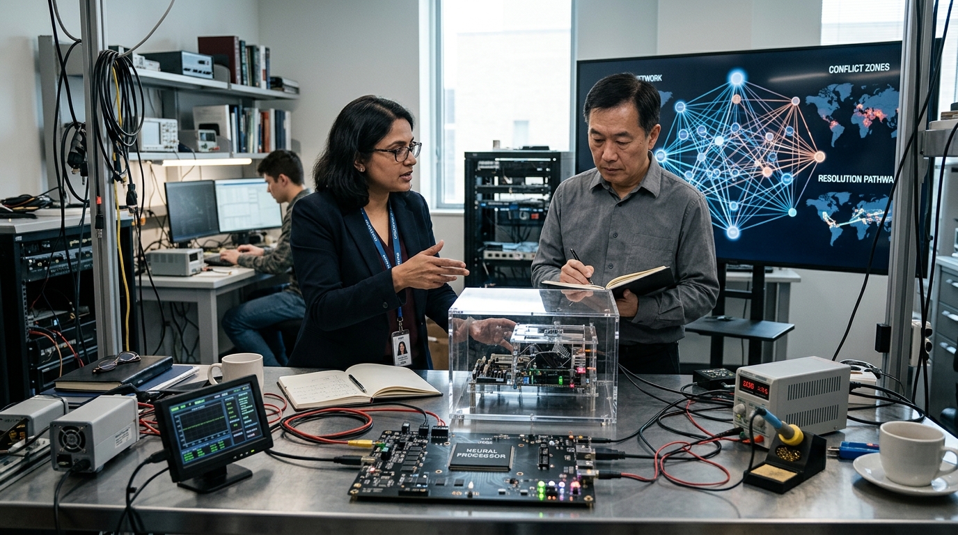 Scholars analyzing AI applications for global conflict resolution and digital diplomacy.