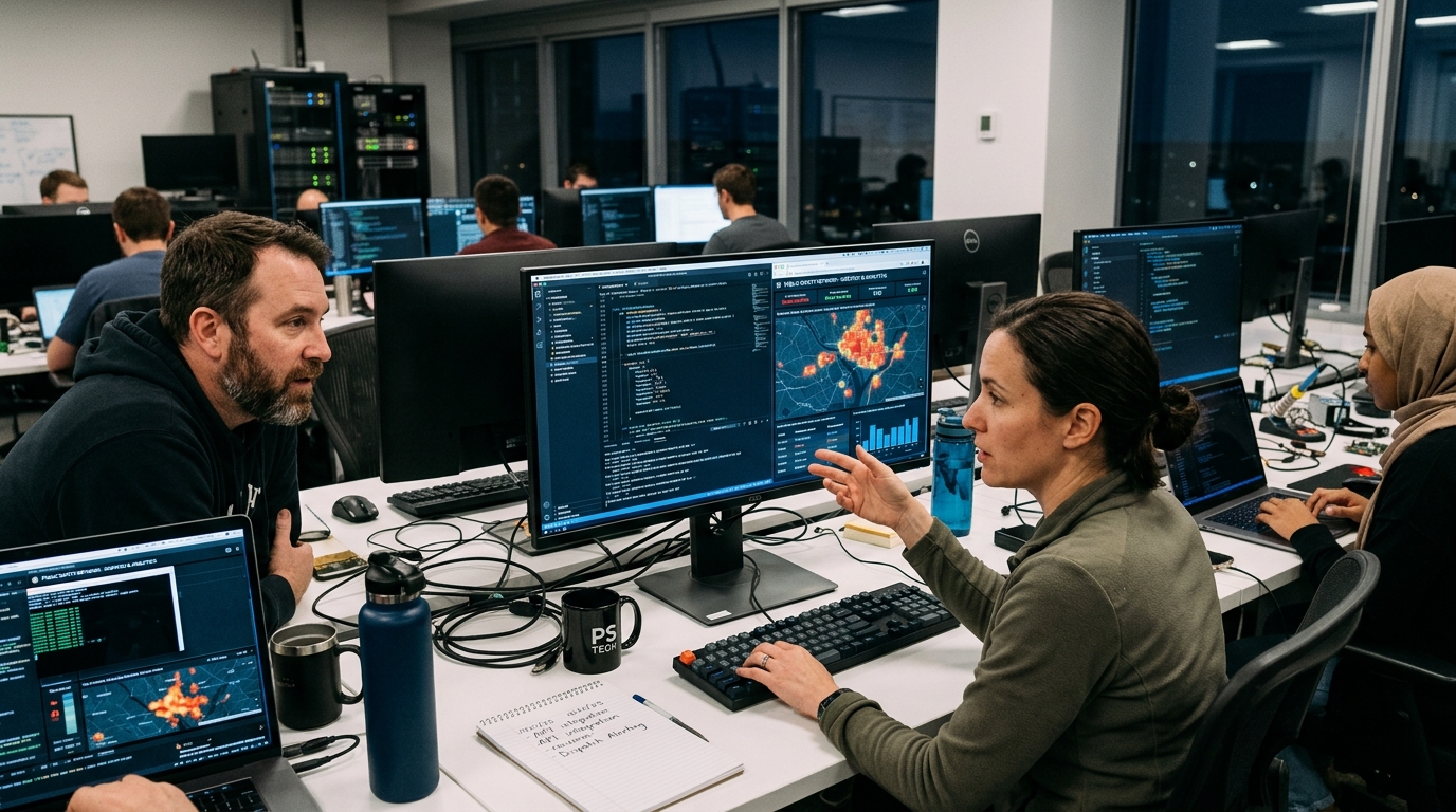 Emergency dispatch operator using AI software for public safety communications.
