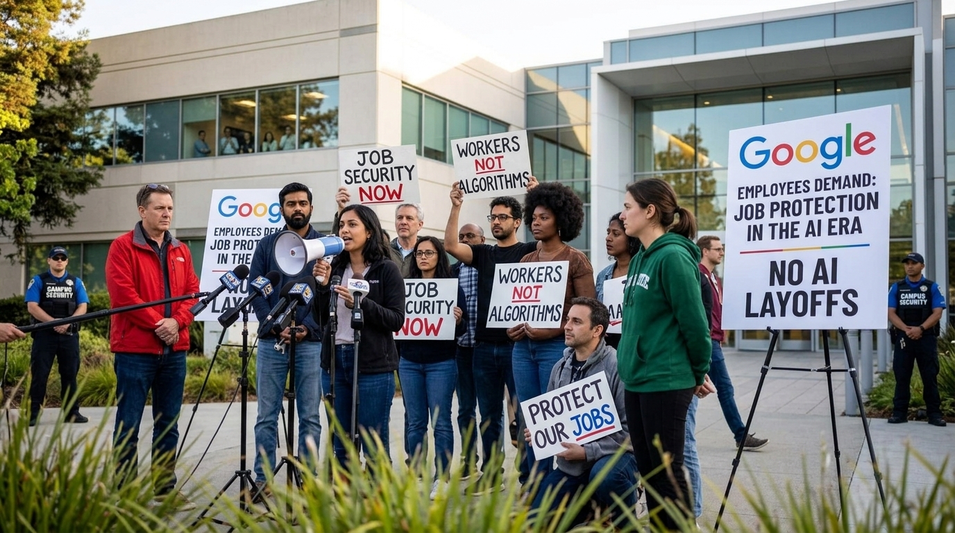 Google employees demanding job security amidst artificial intelligence expansion.