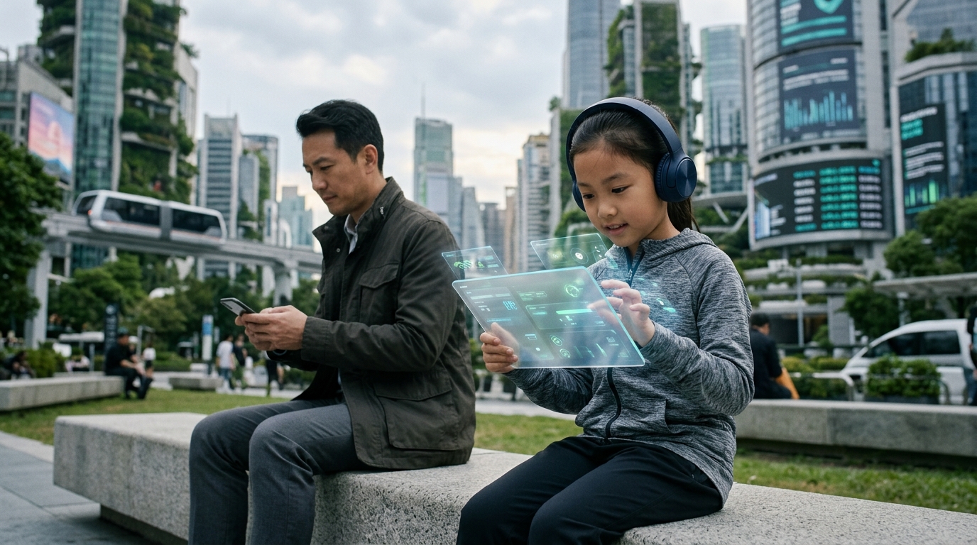 Children interacting with artificial intelligence on a digital screen.