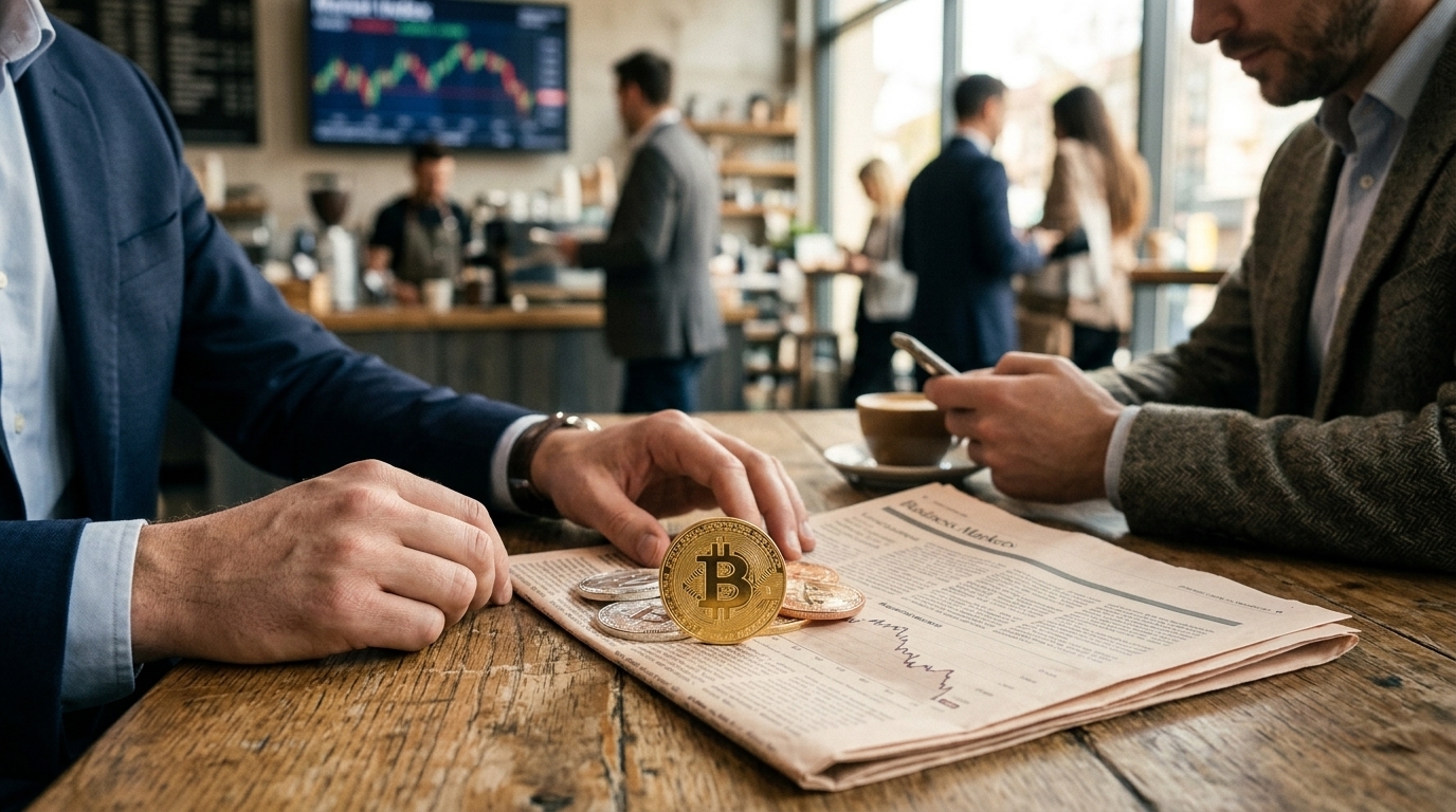 Γράφημα τιμής Bitcoin και σύμβολα τεχνητής νοημοσύνης σε ψηφιακό φόντο αγορών.