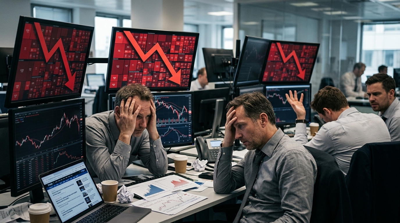 Stock market crash chart featuring AI and Nvidia logos during market correction.
