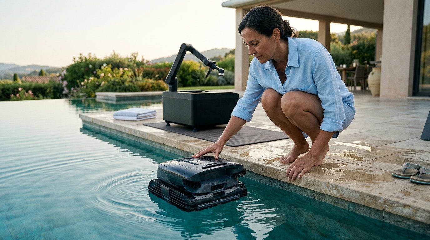 Το ρομπότ πισίνας Beatbot AquaSense X σε λειτουργία καθαρισμού.