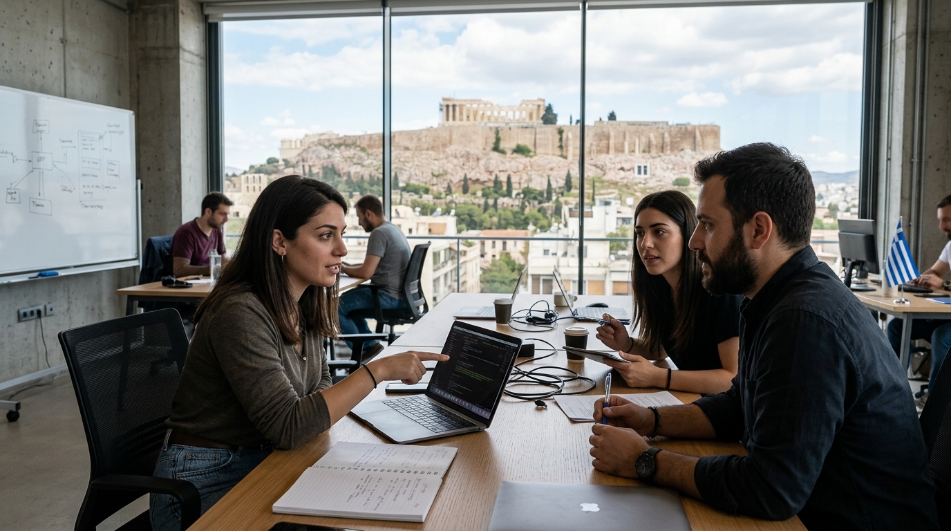 Young people in Greece using AI tools in a digital business environment.