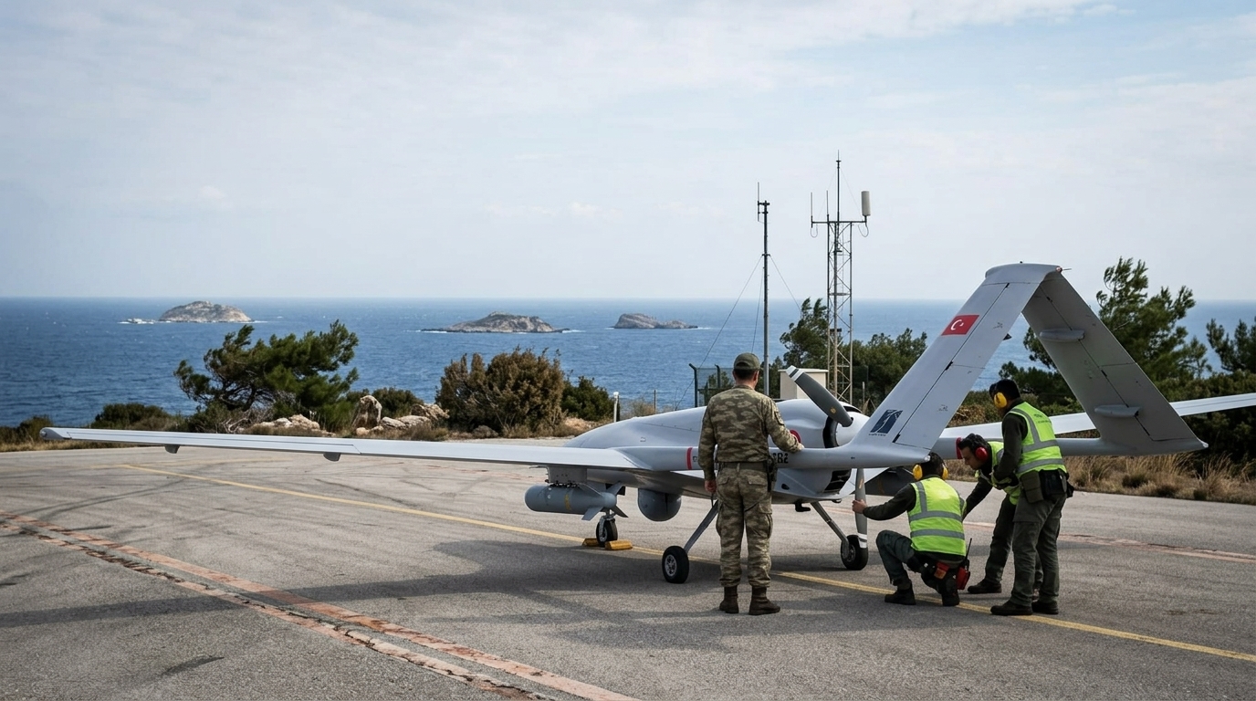 Unmanned aerial vehicle (drone) flying over the Aegean Sea.