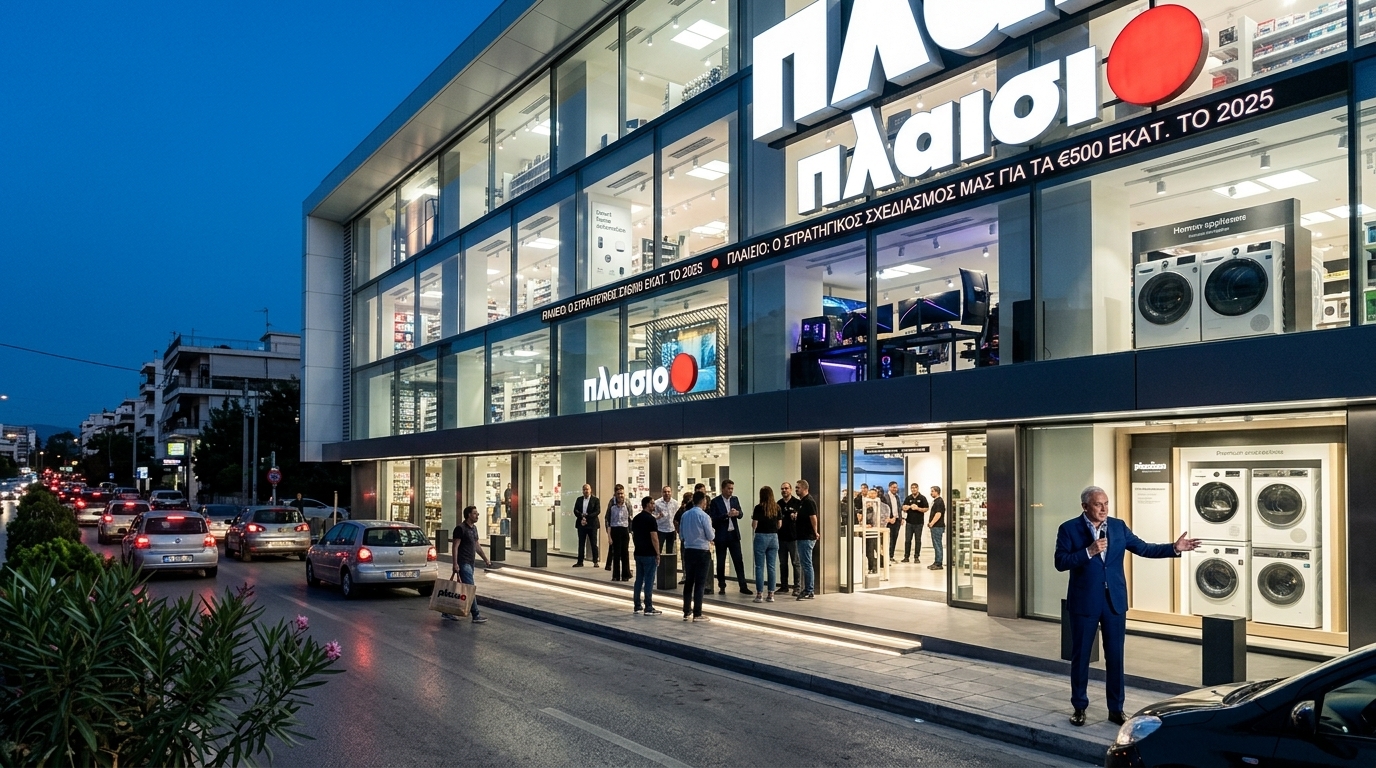 Interior of a Plaisio store showcasing home appliances and technology products.