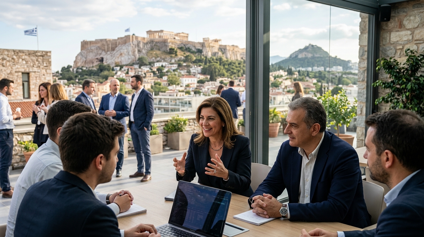 Στελέχη επιχειρήσεων μελετούν τον οδικό χάρτη του ΣΕΒ για την Τεχνητή Νοημοσύνη στην Ελλάδα.