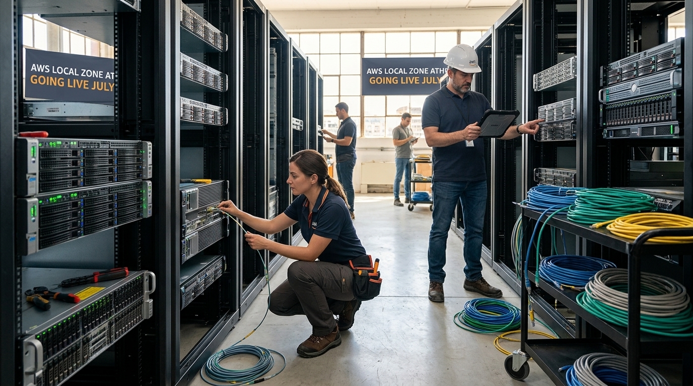 Το λογότυπο της AWS σε φόντο ψηφιακών δεδομένων για το Local Zone στην Αθήνα.
