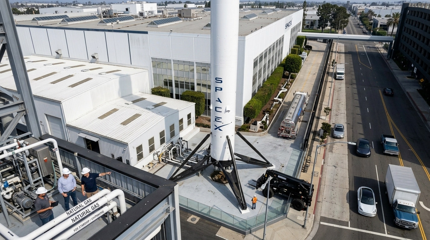 SpaceX Starship rocket and natural gas infrastructure for energy production.