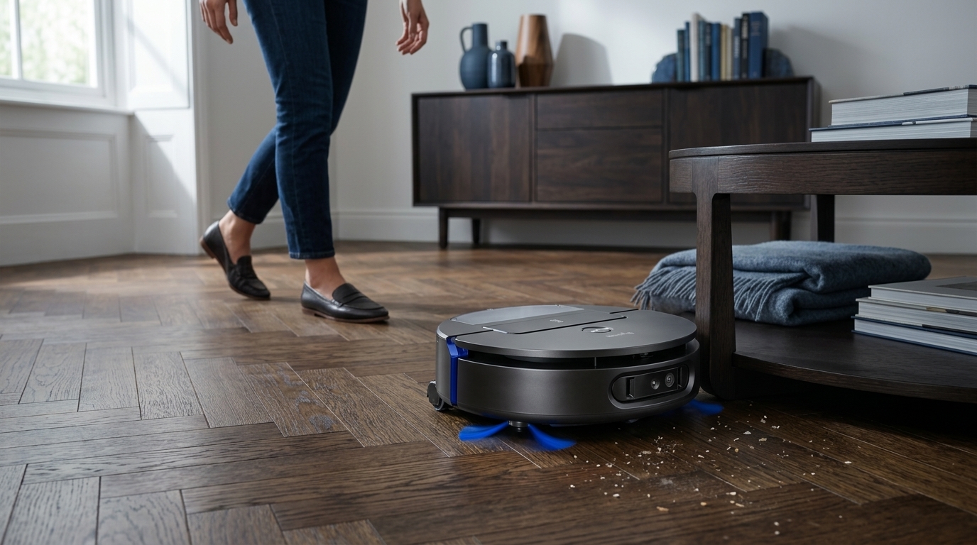 The Dyson Spot + Scrub Ai robot vacuum cleaning a modern living room floor.