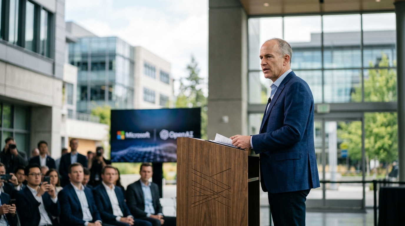 Λογότυπα Microsoft και OpenAI σε φόντο τεχνητής νοημοσύνης