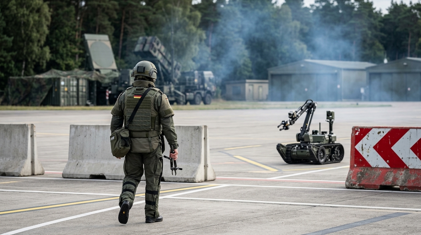 Unidentified drones flying over a Bundeswehr military base in Germany near Patriot components.