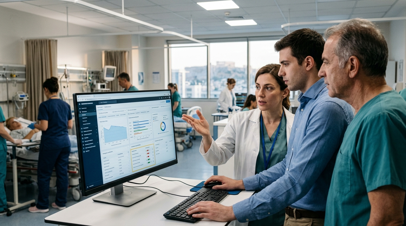 Doctor using AI for medical diagnosis in an emergency room.