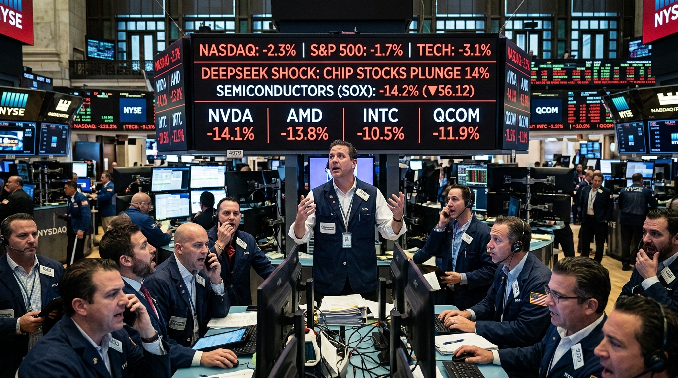Stock market chart showing AI chip stocks plunge and DeepSeek logo.