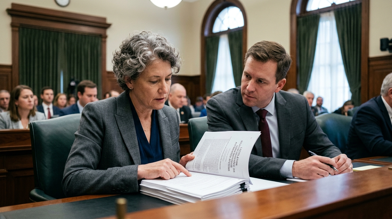 Digital representation of AI in health insurance and legislative oversight.