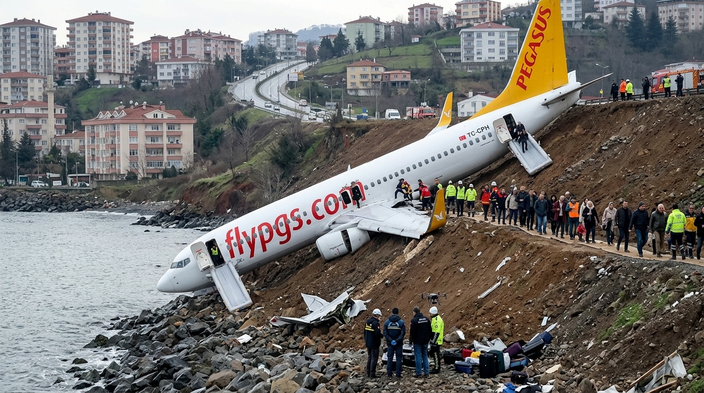 Aircraft evacuation simulation showing passengers near emergency exits.