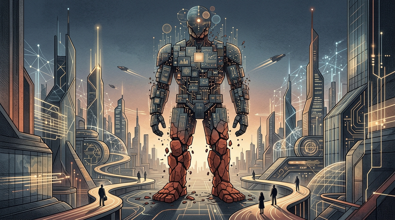 A giant robotic colossus with cracked clay feet representing the limitations of AI scale.