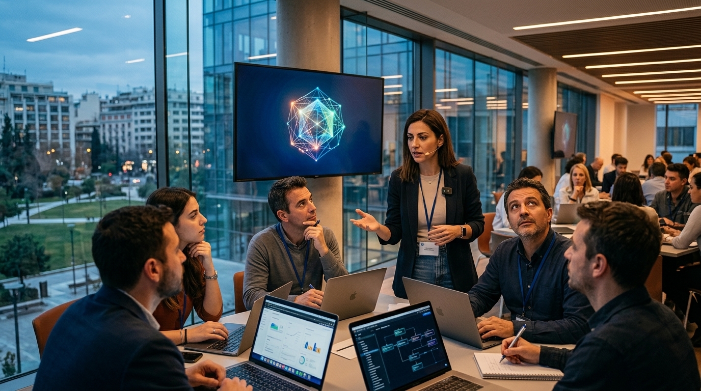 Modern workspace featuring AI icons and DYPA branding for online employment workshops.