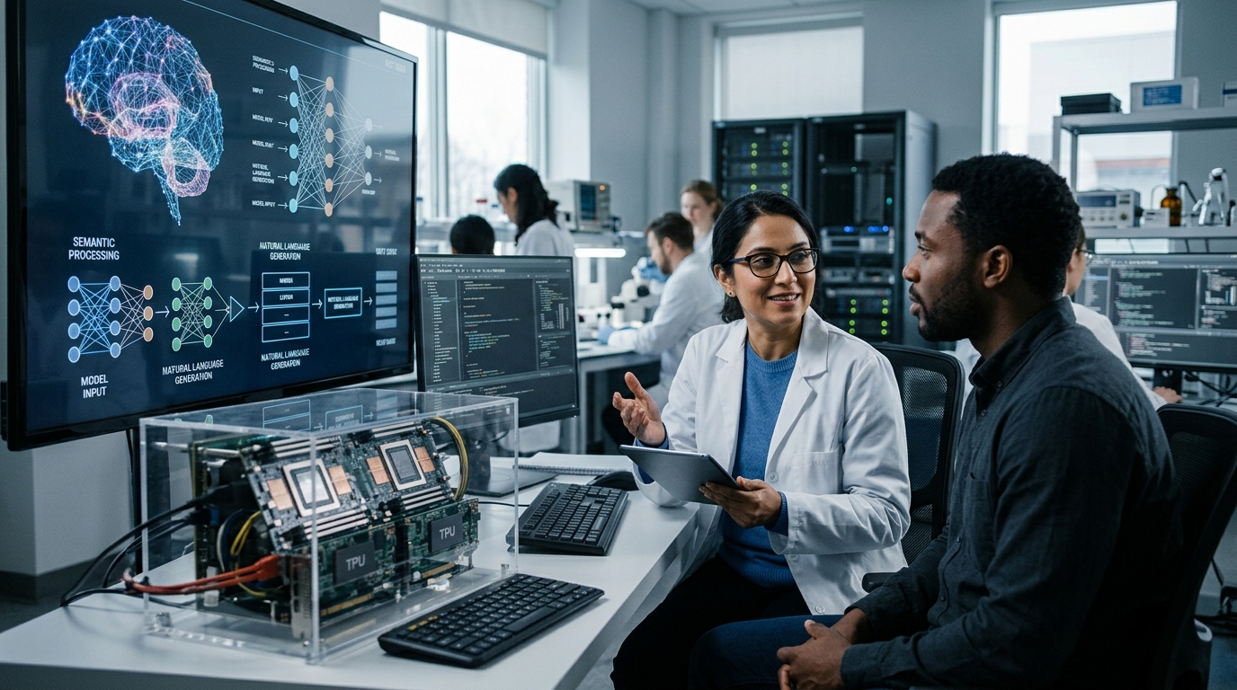 Digital representation of scientific writing and AI data processing for research.