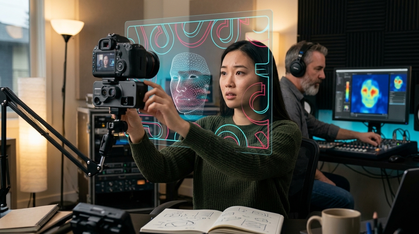 TikTok logo next to a face scanning icon representing AI likeness detection and deepfake protection.