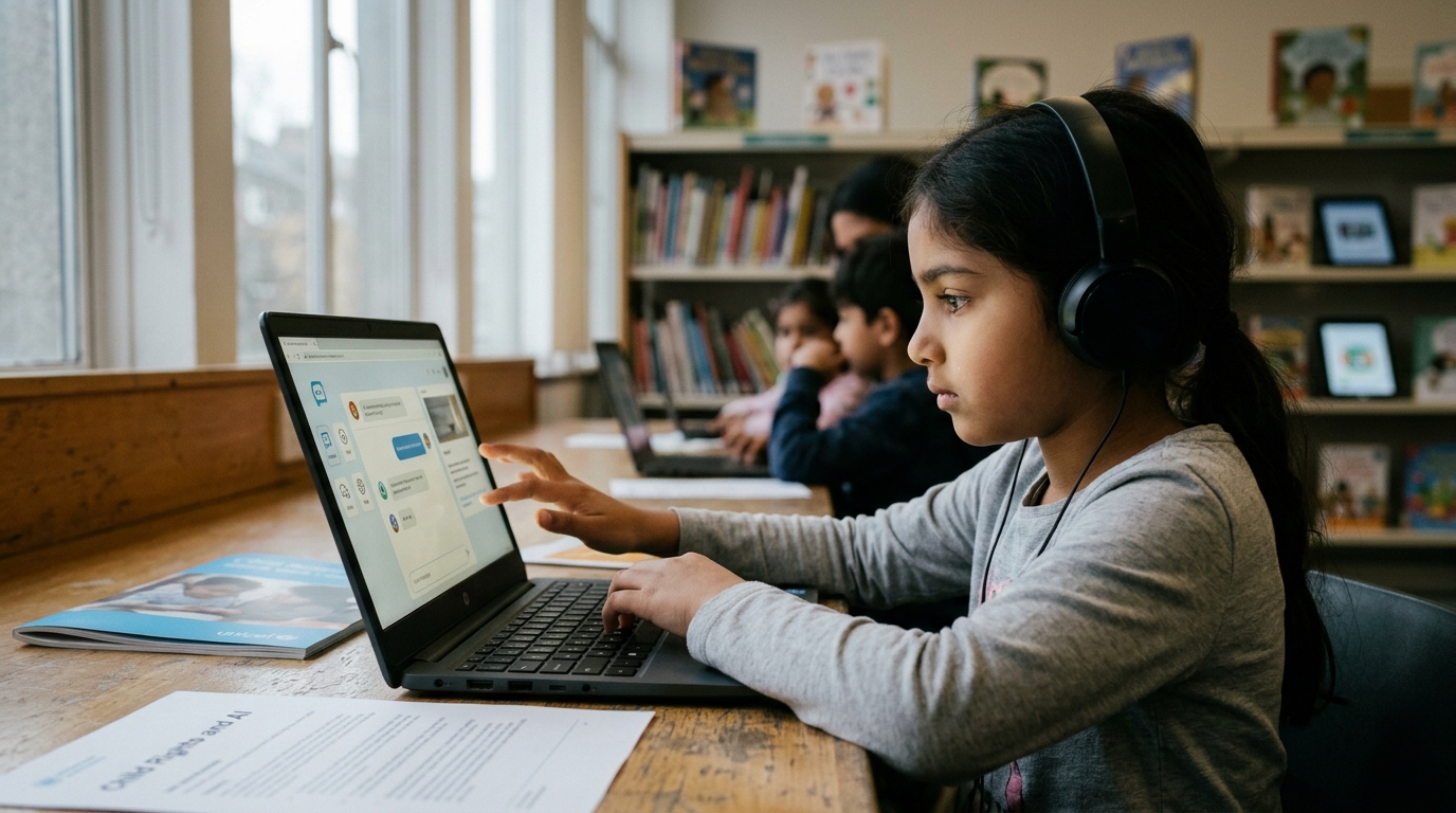 Παιδί που χρησιμοποιεί tablet με το λογότυπο της UNICEF και σύμβολα Τεχνητής Νοημοσύνης.
