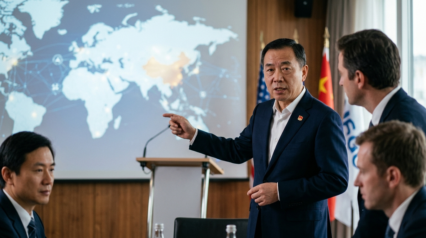 Chinese AI technology and Huawei hardware symbolizing global tech competition.