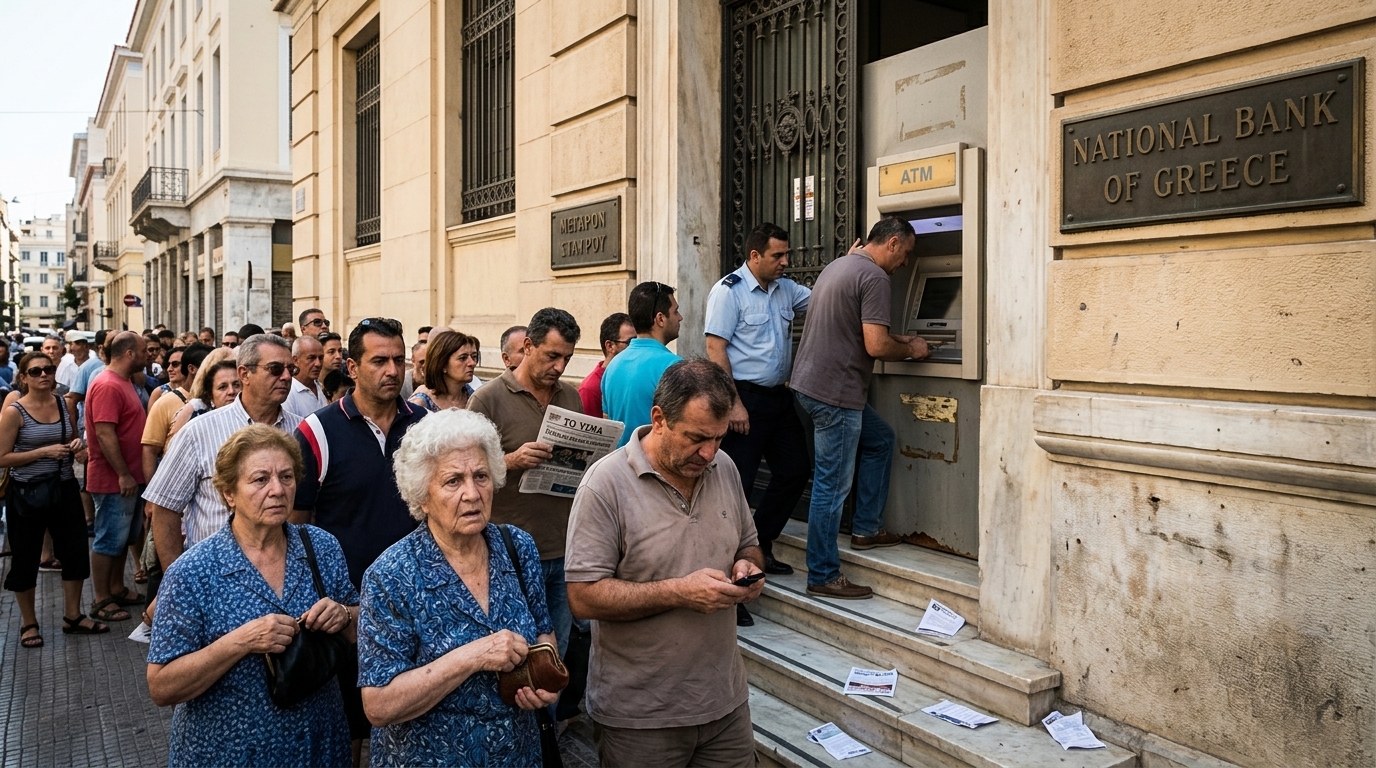 People queuing at an ATM in Greece during the 2015 capital controls crisis.