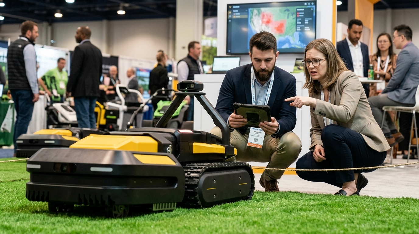 Robotic lawn mower with digital overlays representing kinetic cybersecurity threats.